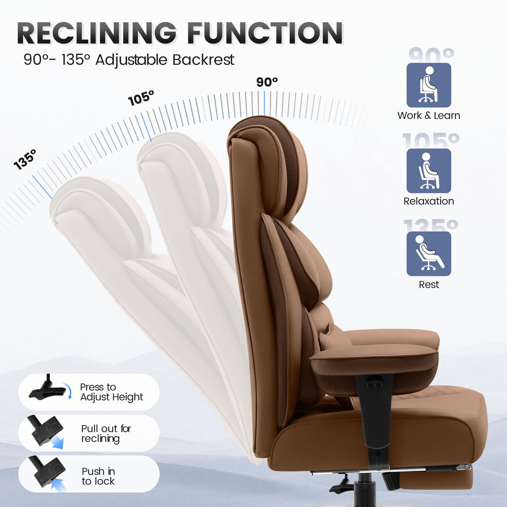 Office Desk Chair, Big and Tall Leather Gaming Chair with Footrest, Ergonomic Comfy Executive High-Back Reclining Computer Chairs, Wide Swivel Rolling Wheels and Padded Lumbar Support, Khaki