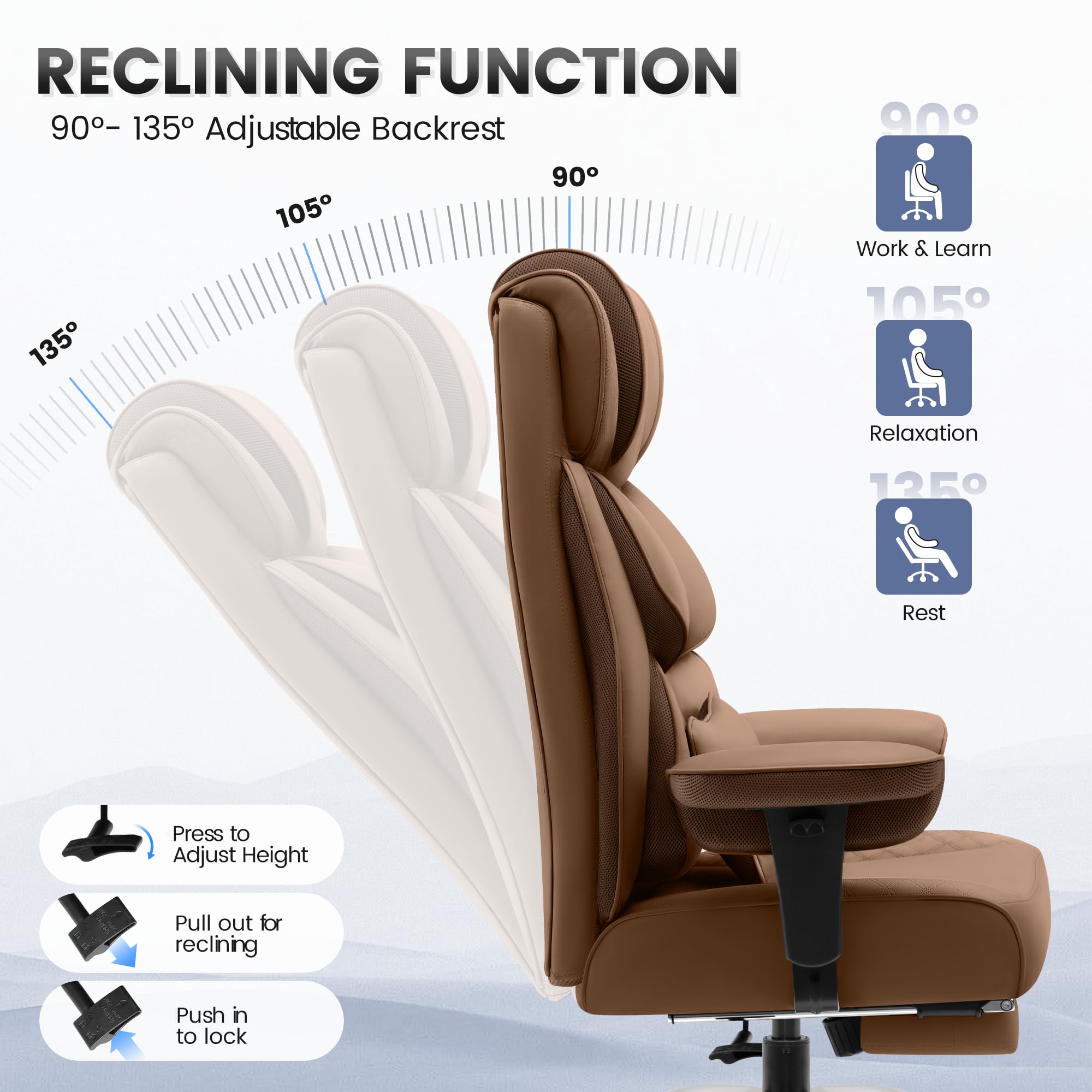 Office Desk Chair, Big and Tall Leather Gaming Chair with Footrest, Ergonomic Comfy Executive High-Back Reclining Computer Chairs, Wide Swivel Rolling Wheels and Padded Lumbar Support, Khaki