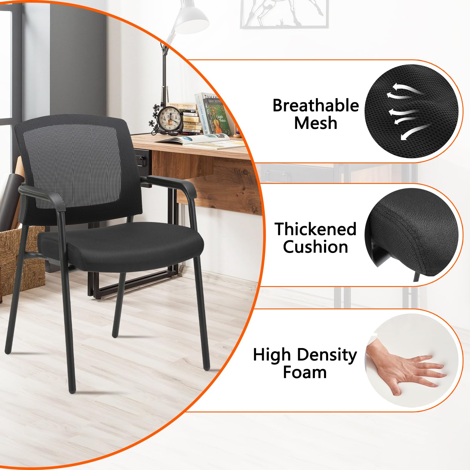 2 Pack, Office Reception Guest Chair Mesh Back Stacking with Ergonomic Lumbar Support and Thickened Seat Cushion for Waiting Conference Room Black