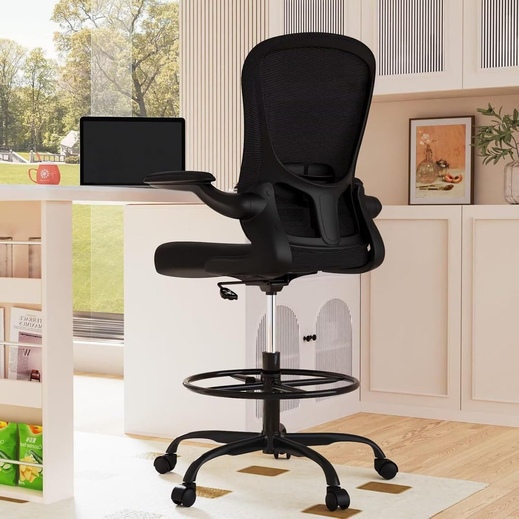 Drafting Chair Tall Standing Desk Executive Ergonomic Computer Office Chair with Flip-Up Armrests, Adjustable Footrest Ring, Lumbar Support, Height Adjustable Swivel Chair for Home Office (Black)