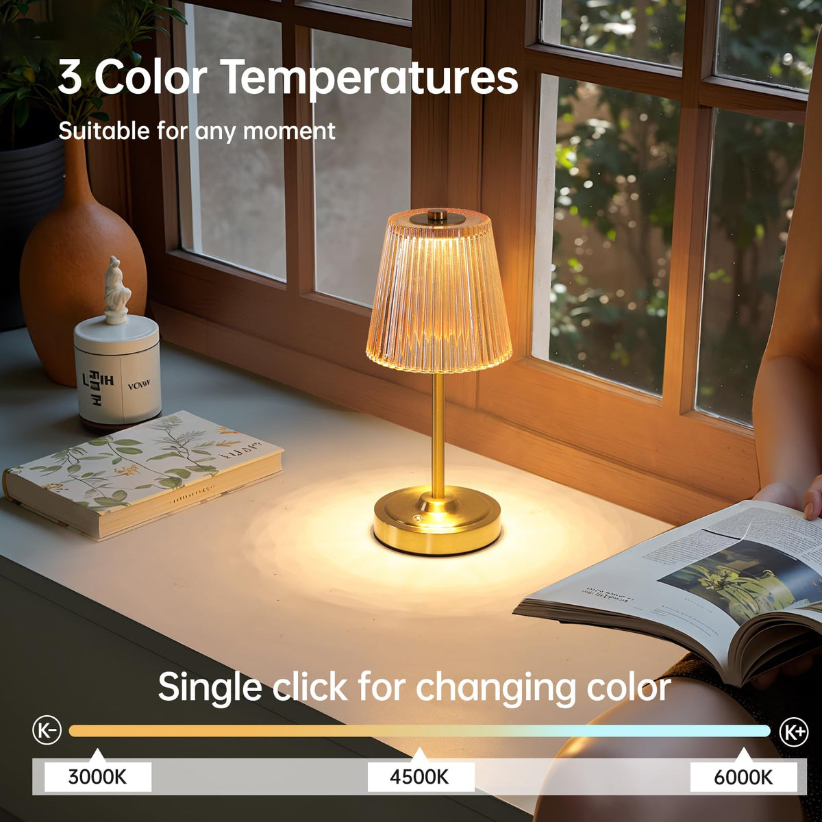 Set of 2 Cordless Touch Table Lamp with 5200mAh Battery - 3 Adjustable Color Temperatures & Dimmable, Rechargeable Lamp for Bedsides, Living Room, Entryway, Bookshelves (Amber Stripe)