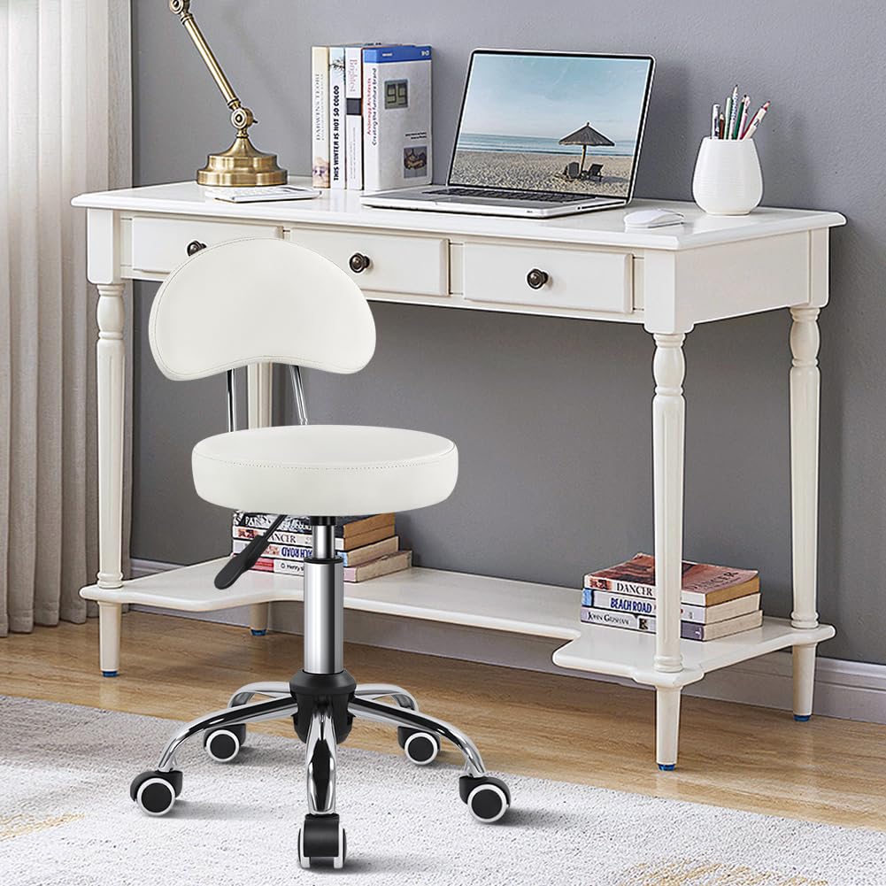 Rolling Stool with Mid Back Height Adjustable Chair PU Leather Swivel Chair with Wheels for Office Home Task Drafting (White)