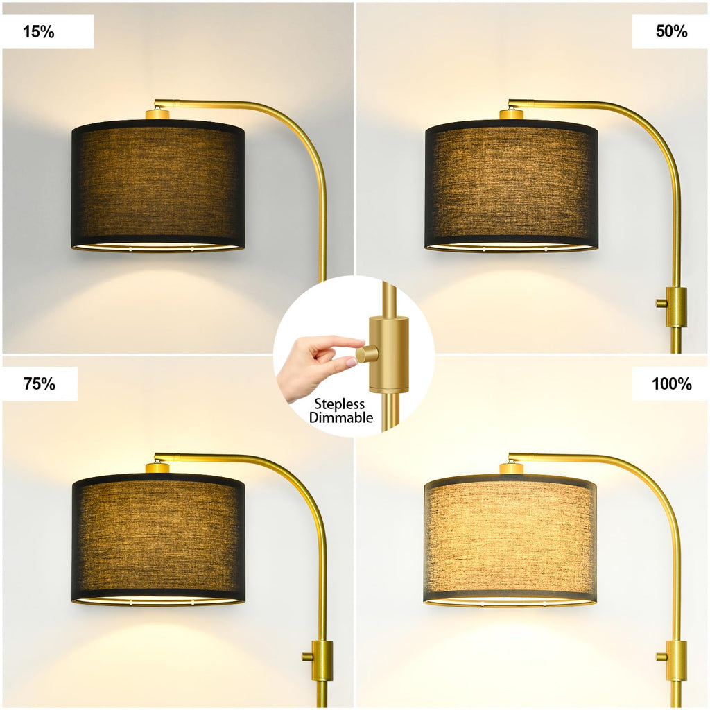Upgraded Modern Arc Dimmable Tall Standing Floor Lamp with Black Shade, 1200 Lumens LED Bulb Included, for Living & Reading Room, Bedroom, Office & Nursery, Gold