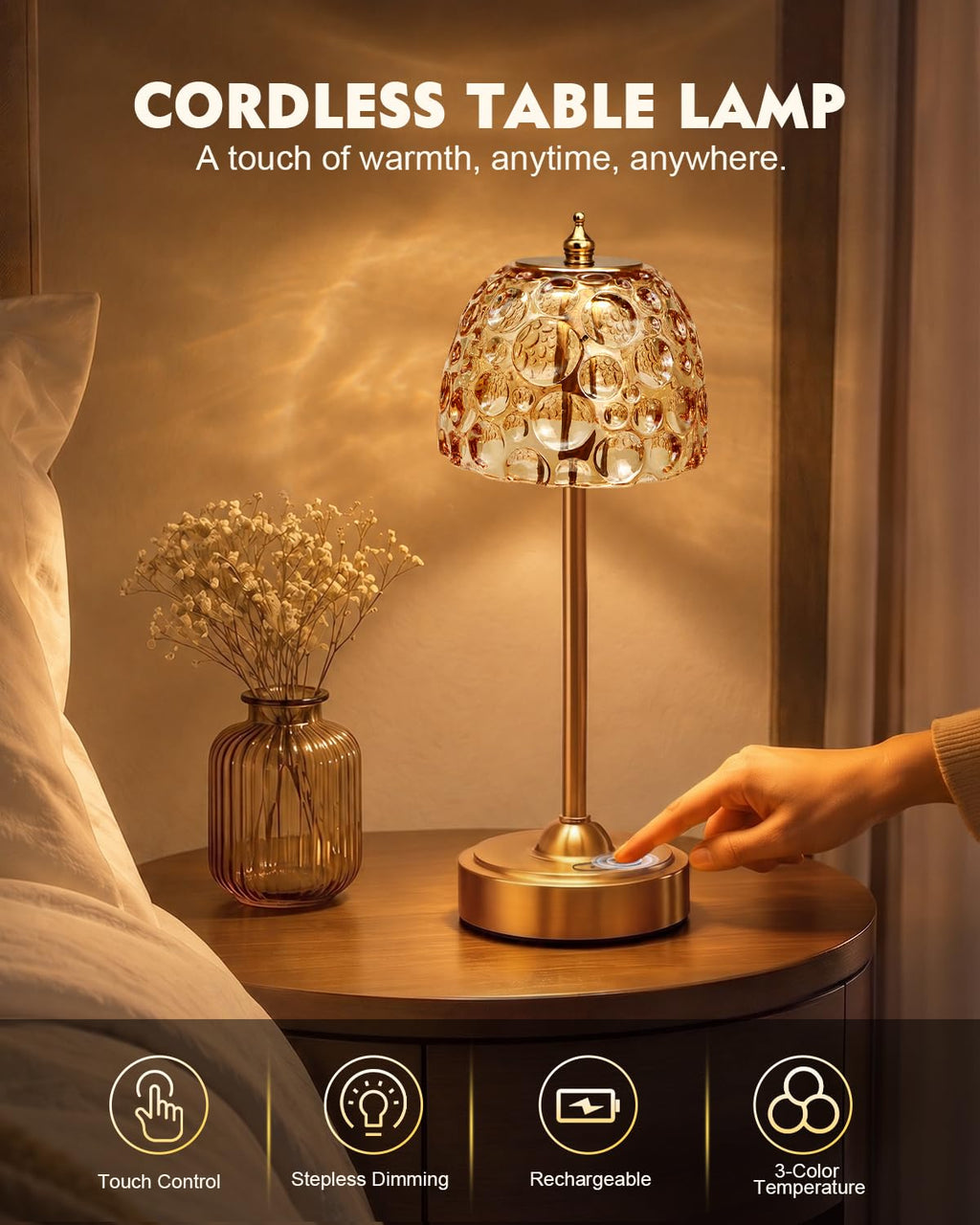 Cordless Glass Table Lamp, 5200mAh Small Rechargeable Touch Lamp