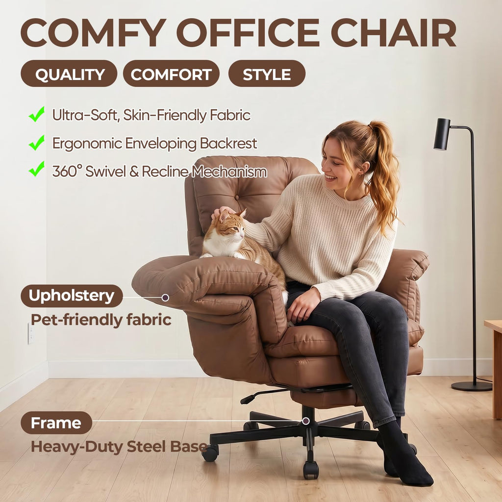 Criss Cross Office Chair with Foot Rest, Big and Tall Office Desk Chair with Flip Armrests for Pets & Cross Legged Sitting, Comfy Executive Ergonomic Reclining Computer Gaming Vanity Chair, Brown