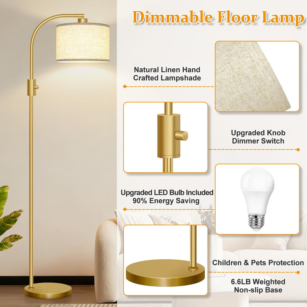 Upgraded Modern Arc Dimmable Tall Standing Floor Lamp with Linen Shade, 1200 Lumens LED Bulb Included, for Living & Reading Room, Bedroom, Office & Nursery, Gold