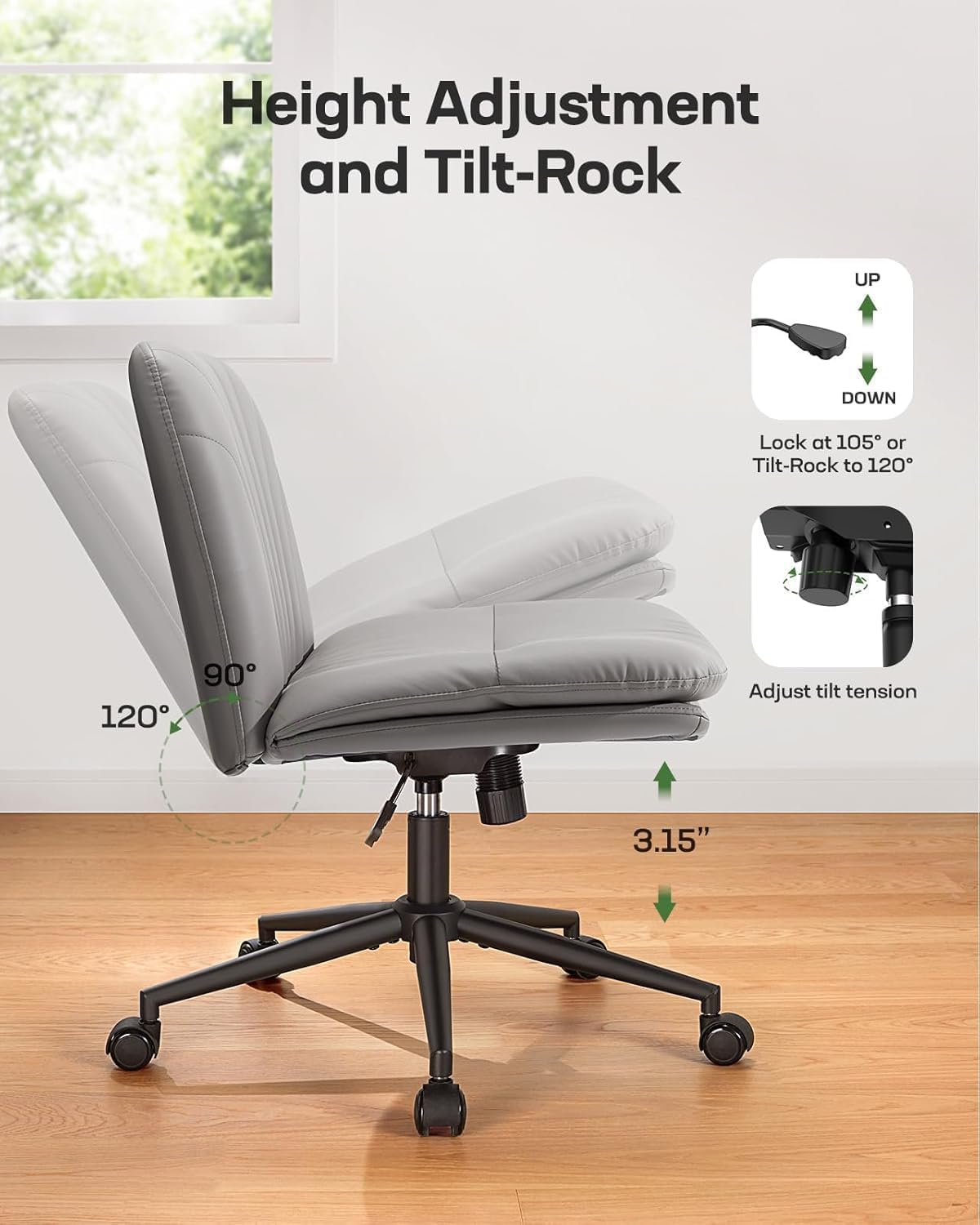 Criss Cross Office Chair with Wheels, Armless Wide Desk Chair for Active Sitting, PU Leather Cross Legged Chair for Home Office, Pet-Friendly & Easy Clean, Grey