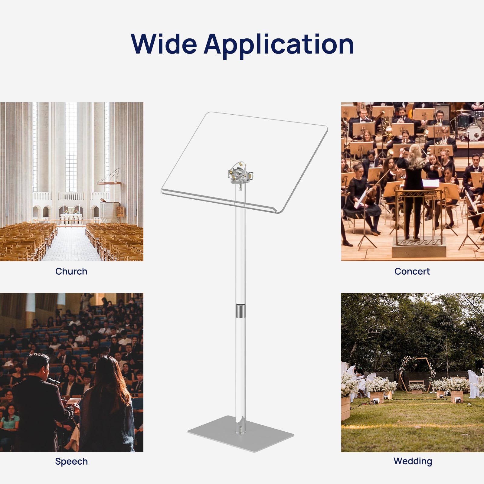 Acrylic Podium Stand, Angle Adjustable, Modern Lecterns & Pulpits for Classroom, Concert, Church, Speech, Easy Assembly, Metal Base, 23.6" L x 15.7" W x 42.3" H, Clear