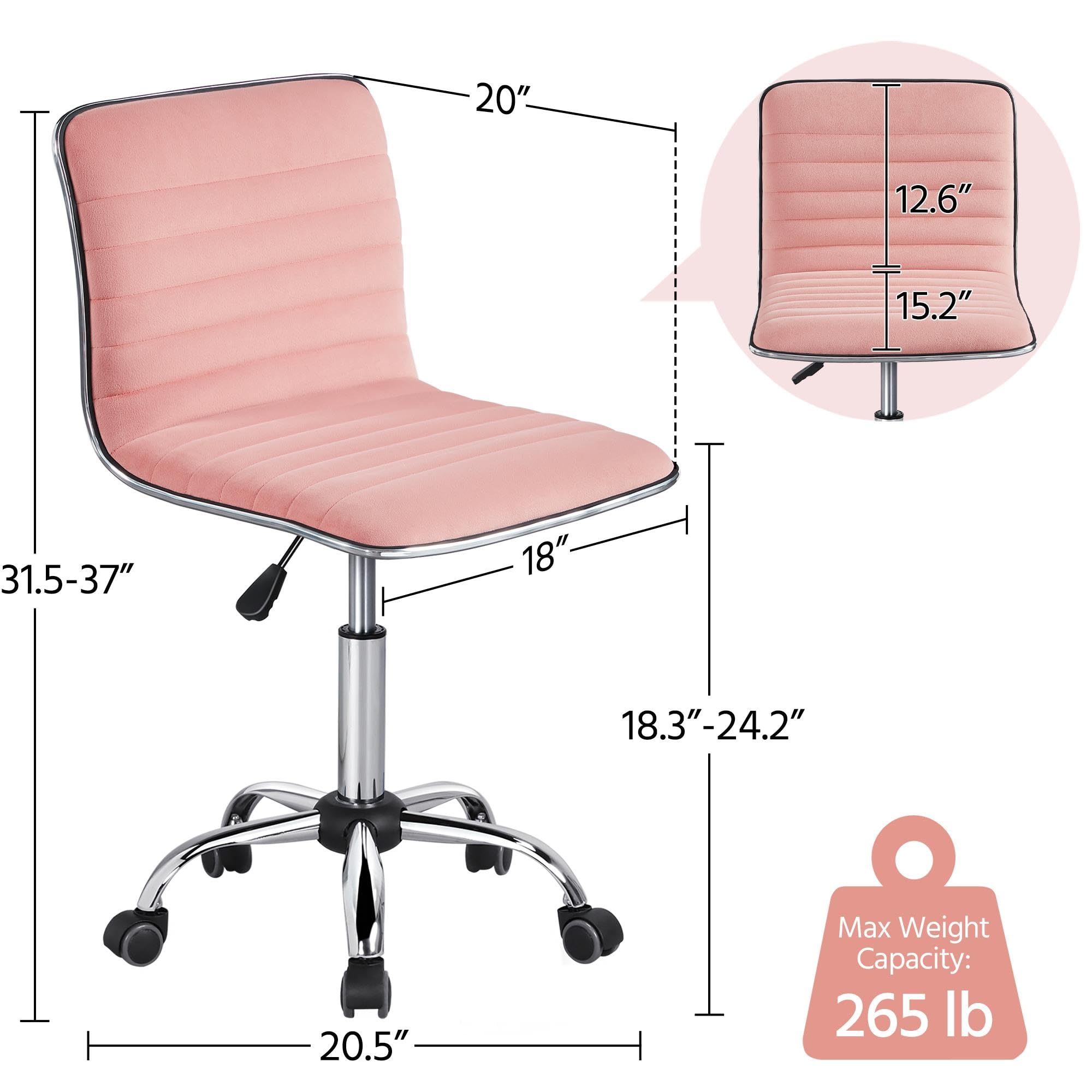 Velvet Low Back Armless Ribbed Vanity Chair Height Adjustable Swivel Task Office Chair, Apricot Pink