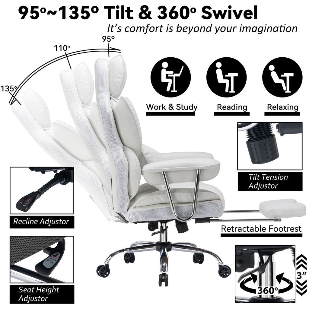 Big and Tall Office Chair 400lbs – High Back Executive Chair with Swivel Base, PU Leather Upholstery, Lumbar Pillow, Padded Armrests, and Rolling Wheels，White Computer Chair
