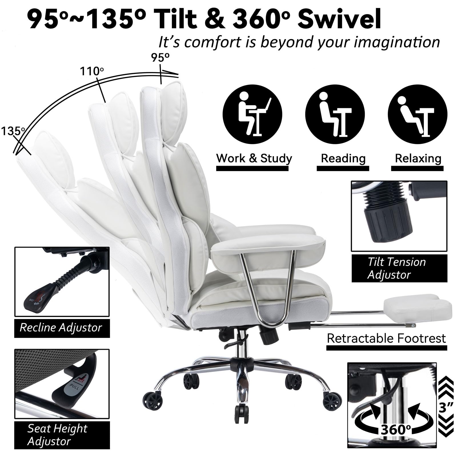 Big and Tall Office Chair 400lbs – High Back Executive Chair with Swivel Base, PU Leather Upholstery, Lumbar Pillow, Padded Armrests, and Rolling Wheels，White Computer Chair