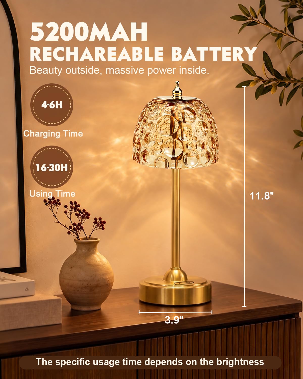 Cordless Glass Table Lamp, 5200mAh Small Rechargeable Touch Lamp