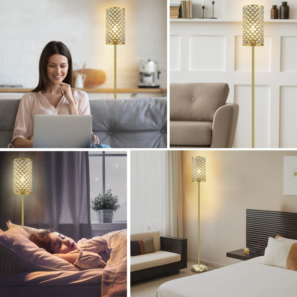 Gold Floor Lamp,Elegant Crystal Floor Lamp Modern Standing Lamp with On/Off Foot Switch,Tall Pole Accent Lighting for Living Room, Girl Bedroom, Dresser, Office