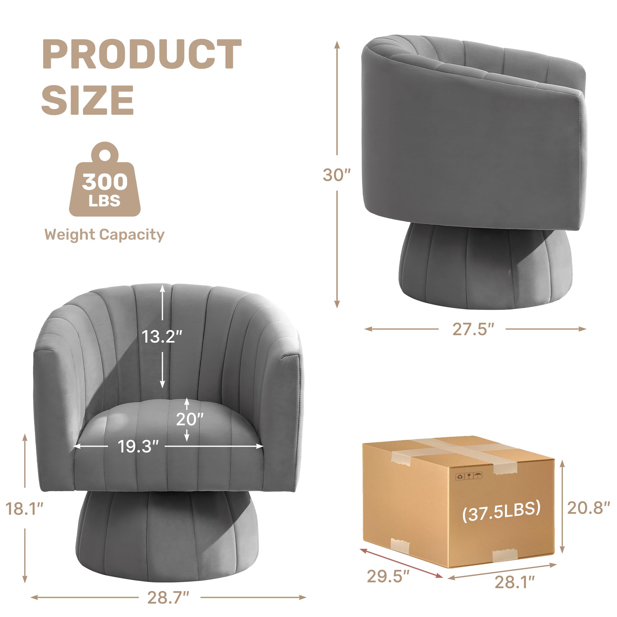 Swivel Accent Barrel Chair Set of 2, Cute Comfy Small Round 360° Arm Chair, Velvet Sofa Club Reading Chair for Office Living Room Bedroom Grey