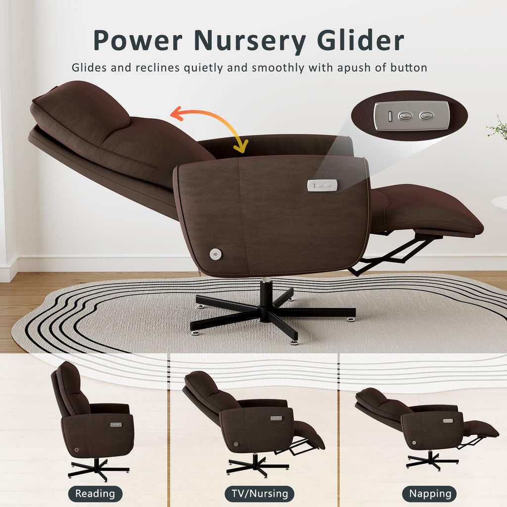 Power Swivel Recliner Chair, Modern Electric with USB & Type-C Ports, Upholstered Velvet Swivel Recliner Chair, 360° Swivel for Office & Living Room, Easy Assembly (Coffee)