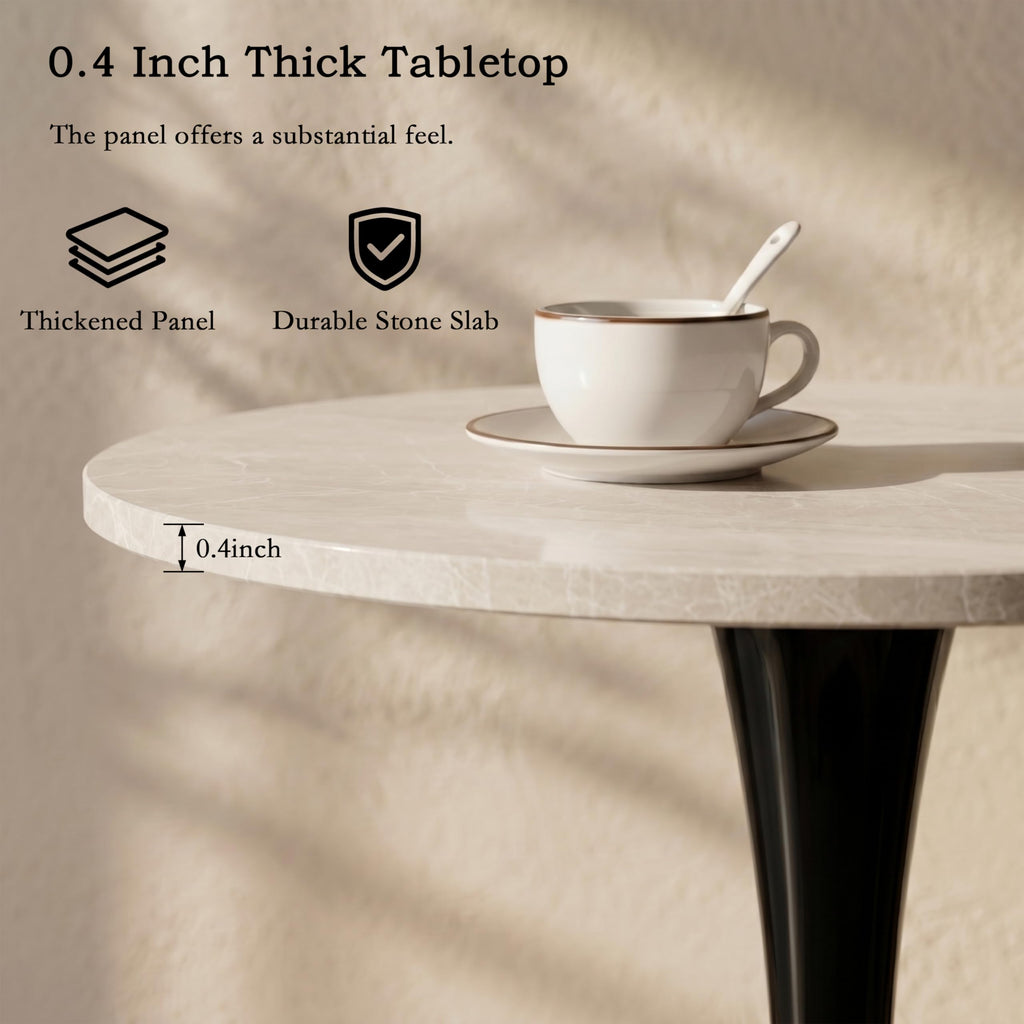 Sybrioka 27.6" Marble Round Tulip Table, Mid-Century Modern Style Dining Table with Black Pedestal Base for 2-4 People, Featuring A Marble Tabletop for Kitchen, Dining Room, Cafe (Grayish White)