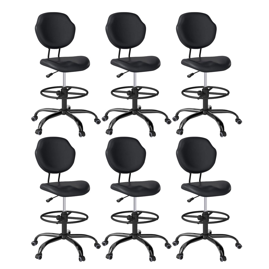 (Black, 6 Pack), Drafting Chair with Back Support, Tall/High Desk Rolling Stool, Faux Leather Office Chair with Height Adjustable for Standing Desk, Home Office, Bar, Workbench & Kitchen