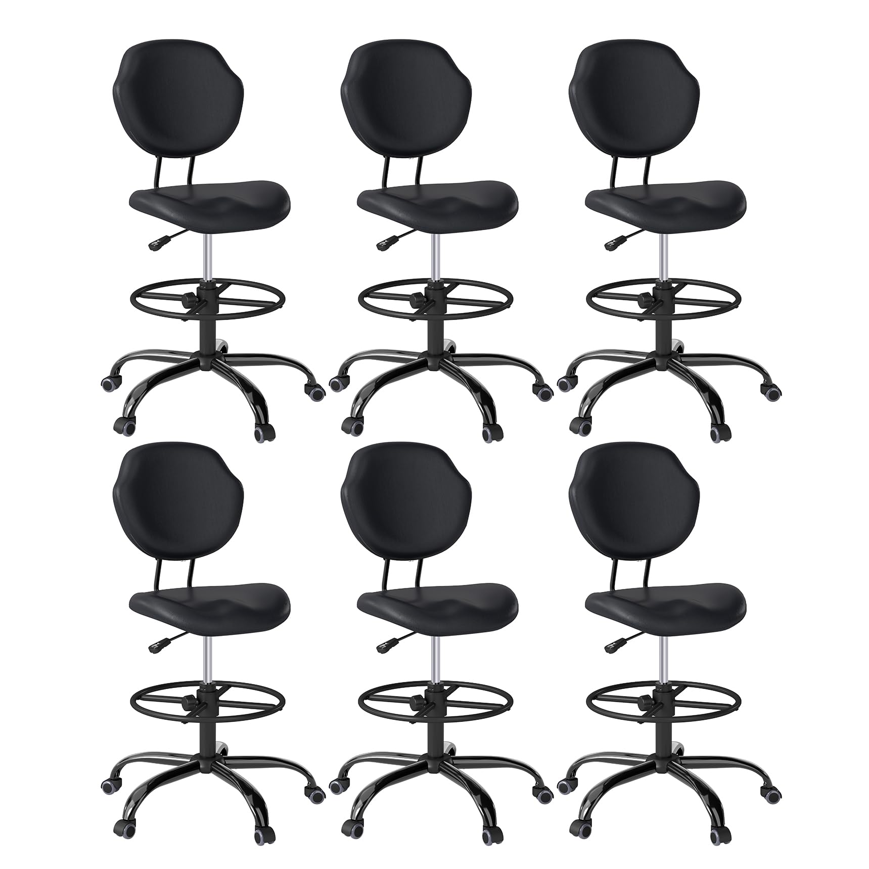 (Black, 6 Pack), Drafting Chair with Back Support, Tall/High Desk Rolling Stool, Faux Leather Office Chair with Height Adjustable for Standing Desk, Home Office, Bar, Workbench & Kitchen