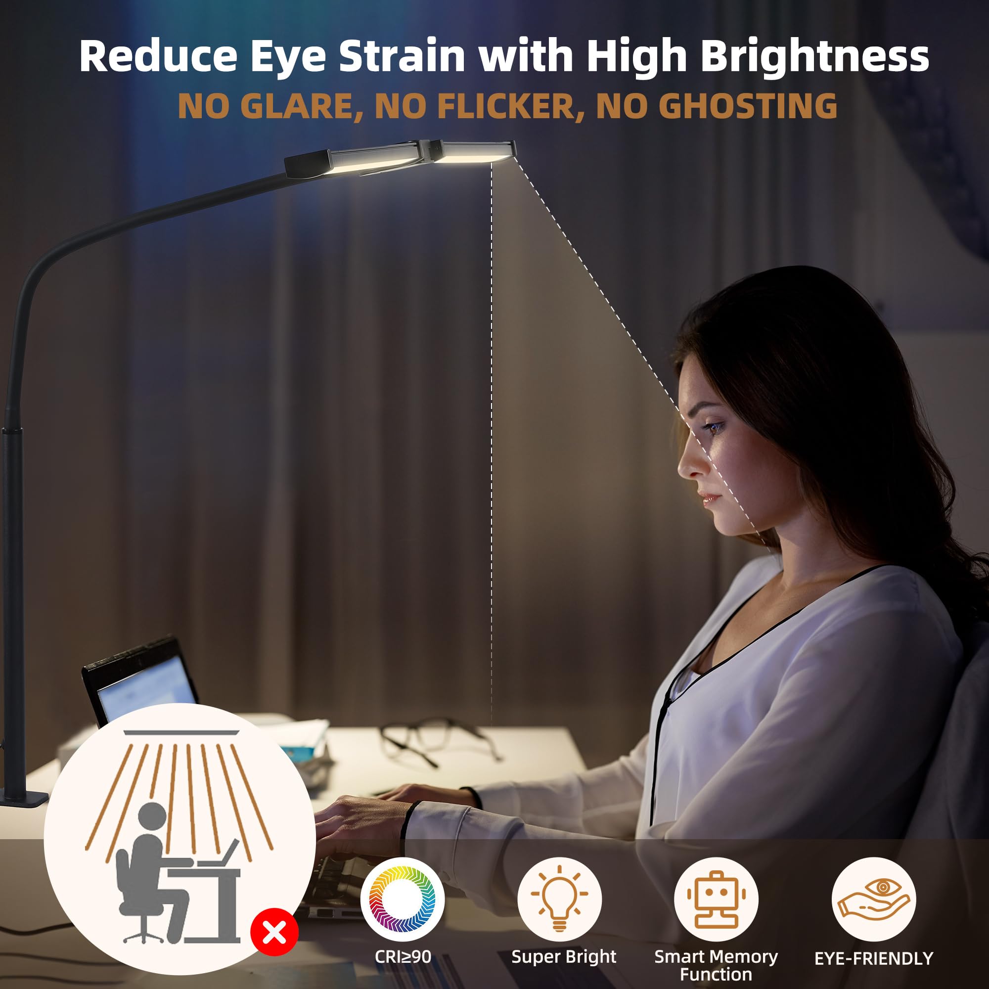 Led Desk Lamp for Home Office, Eye-care Architect Light with Clamp, Smart Double Head Computer Monitor Table Clip Lamp, Adjustable Flexible Goose-Neck, 25 Lighting Models, Task Lamp, White and Sliver