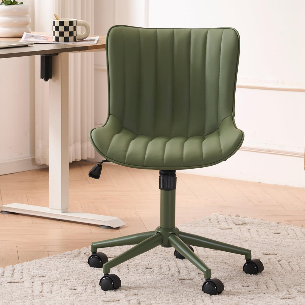 Home Office Desk Chair with Wheels Armless Vanity Chair with Back Comfy Modern Leather Upholstered Rolling Task Chair Swivel Small Cute Sewing Chair No Arms Wide Adjustable Sage Green