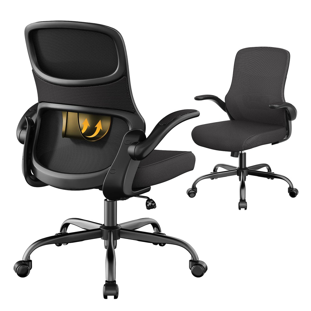 Office Chair, Mesh Ergonomic Desk Chairs, Comfy Computer Chair with Adjustable Height & Flip-up Armrest, Lumbar Support & Swivel Function for Home Office (Black)
