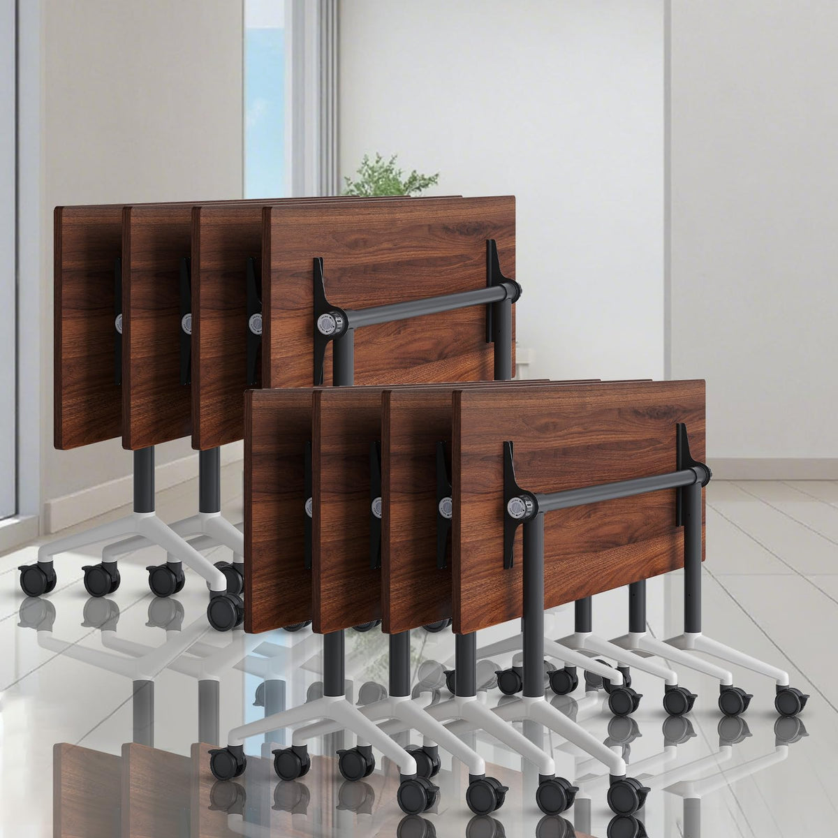 Conference Table,Folding Conference Room Tables with Wheels, 55.1” Modular Training Tables for Office/Classroom/Meeting, Lockable 360° Silent Wheels＆Space Saving Stackable, Walnut Finish, 8 Pack