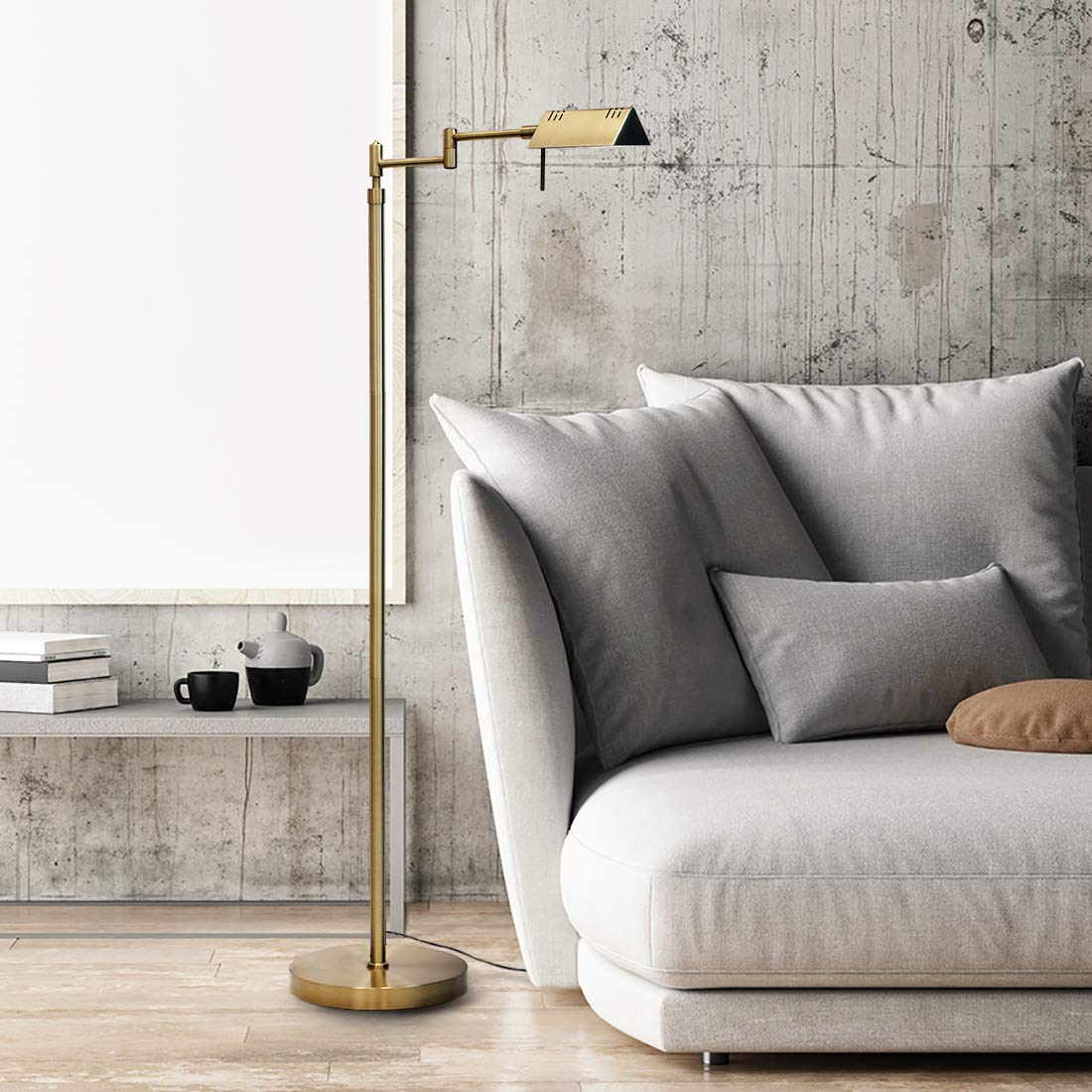 Dimmable LED Pharmacy Floor Lamp, 12W LED, Full Range Dimming, 360 Degree Swing Arms, Adjustable Heights, Standing Lamp for Reading, Sewing, and Craft, ETL Listed, Antique Brass (Gold)