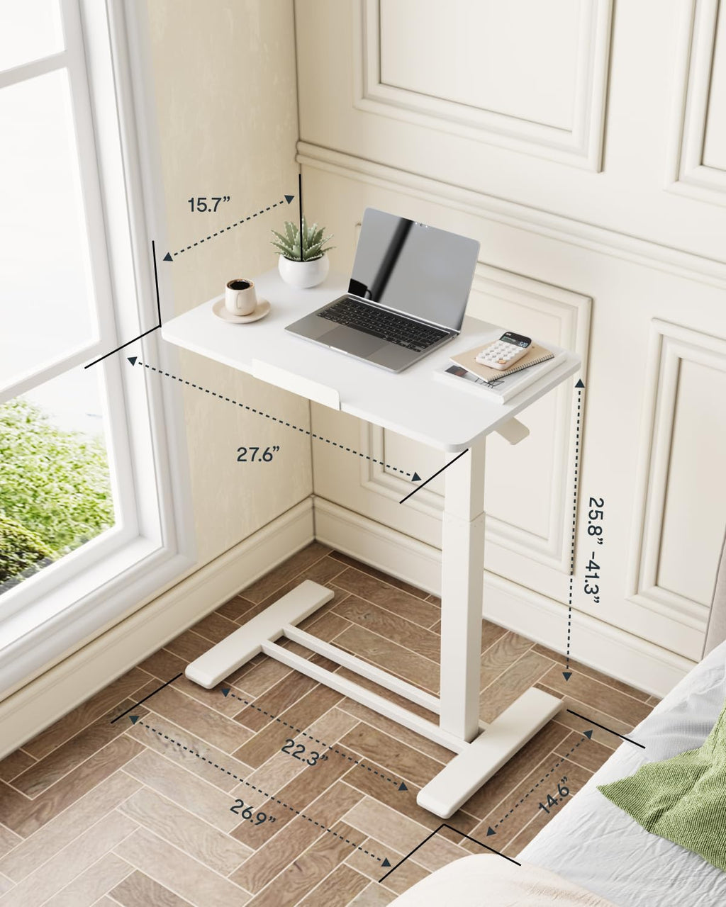H7 PRO Mobile Standing Desk Adjustable Overbed Table Pneumatic with Wheels 90°Tiltable Portable Laptop Desk Rolling Computer Cart Foldable Bedside Table(27.6" W x 15.7" D, White)