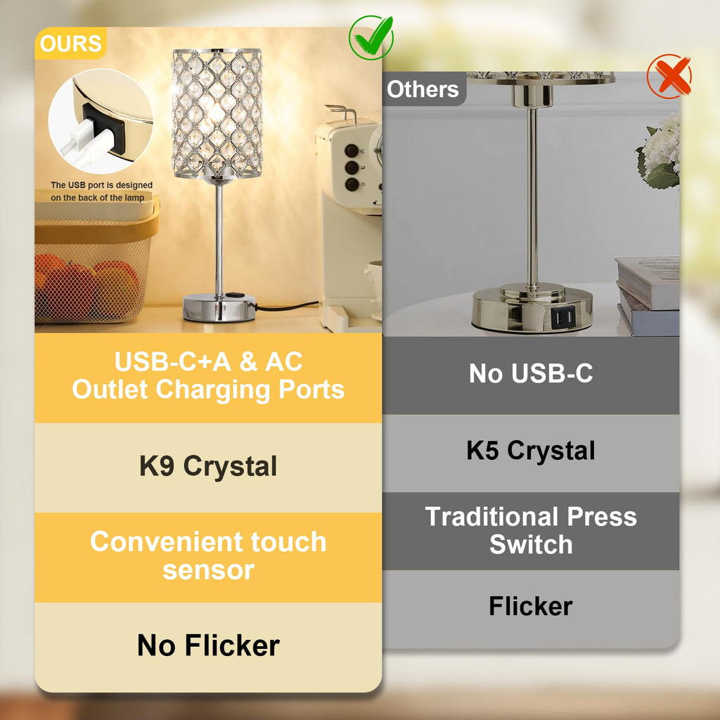 Sliver Crystal Table Lamp with Touch Control, Bedside Lamp for Nightstand