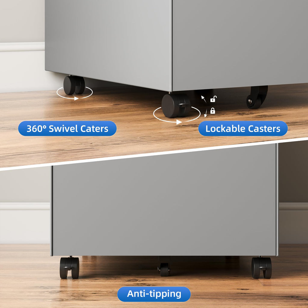 3 Drawer Metal Rolling File Cabinet Under Desk Filing Cabinet Grey