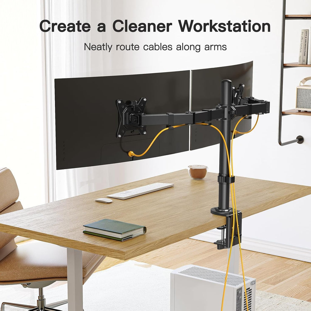Dual Monitor Desk Mount for 13″–34″ Monitors up to 26.5 lbs, Fully Adjustable Monitor Stand Holds 2 Computer Screens, Heavy-Duty Dual Monitor Arm with C-Clamp & Grommet Base, Black, EGCM13B