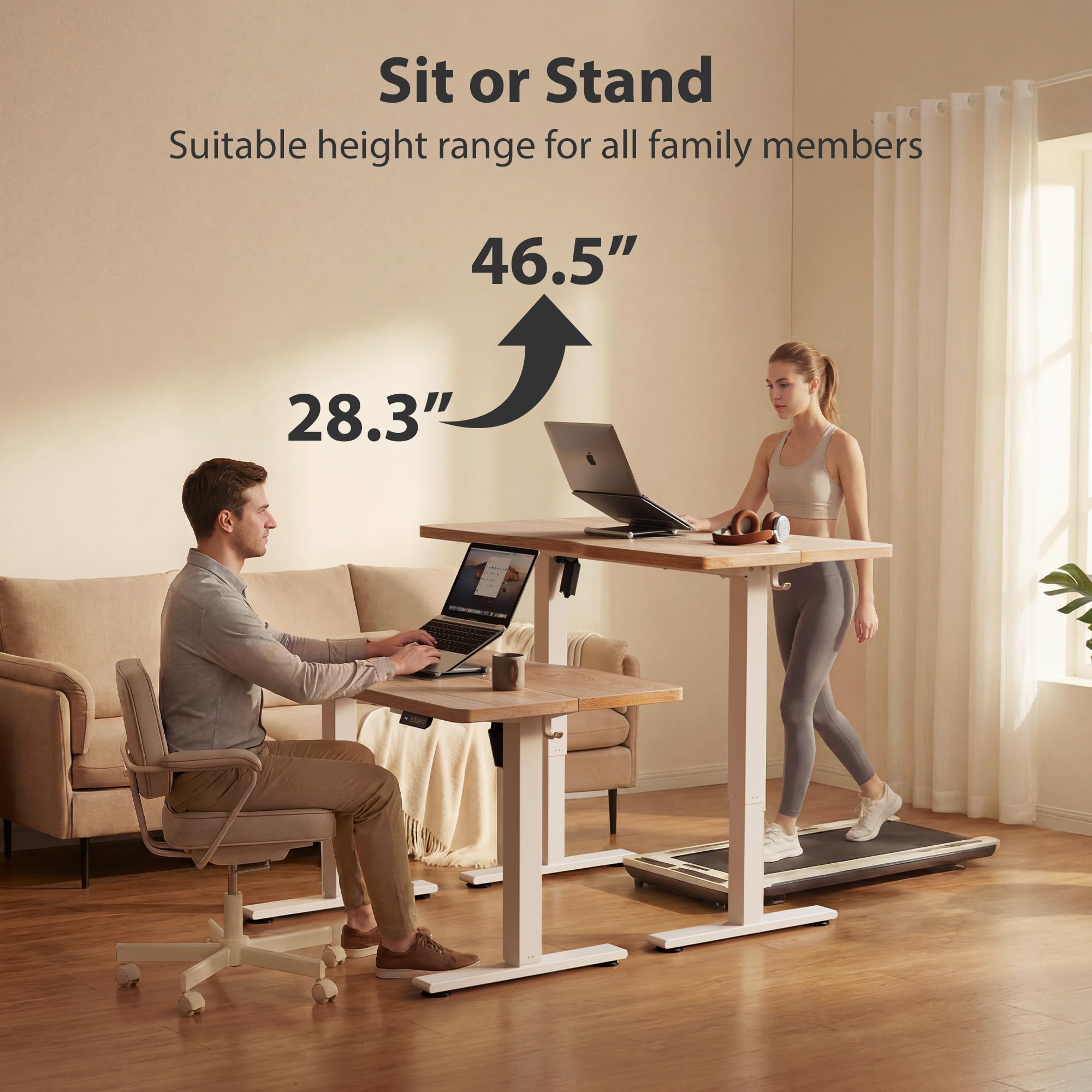 Standing Desk, 55x24 Inches Sit Stand Home Office Desk, Electric Stand up Desk, Adjustable Desk with Splice Board, White Frame/Maple Top