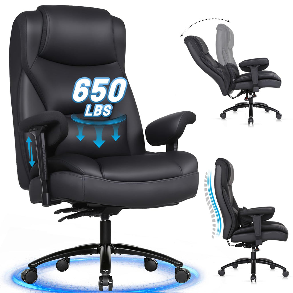 Big and Tall Office Desk Chair with 5-Position Armrests, 650 LBS Heavy Duty Executive Office Chair Comfy, Extra Wide Seat, High Back Computer Chair with Lumbar Support, Reclining Tilt Lock