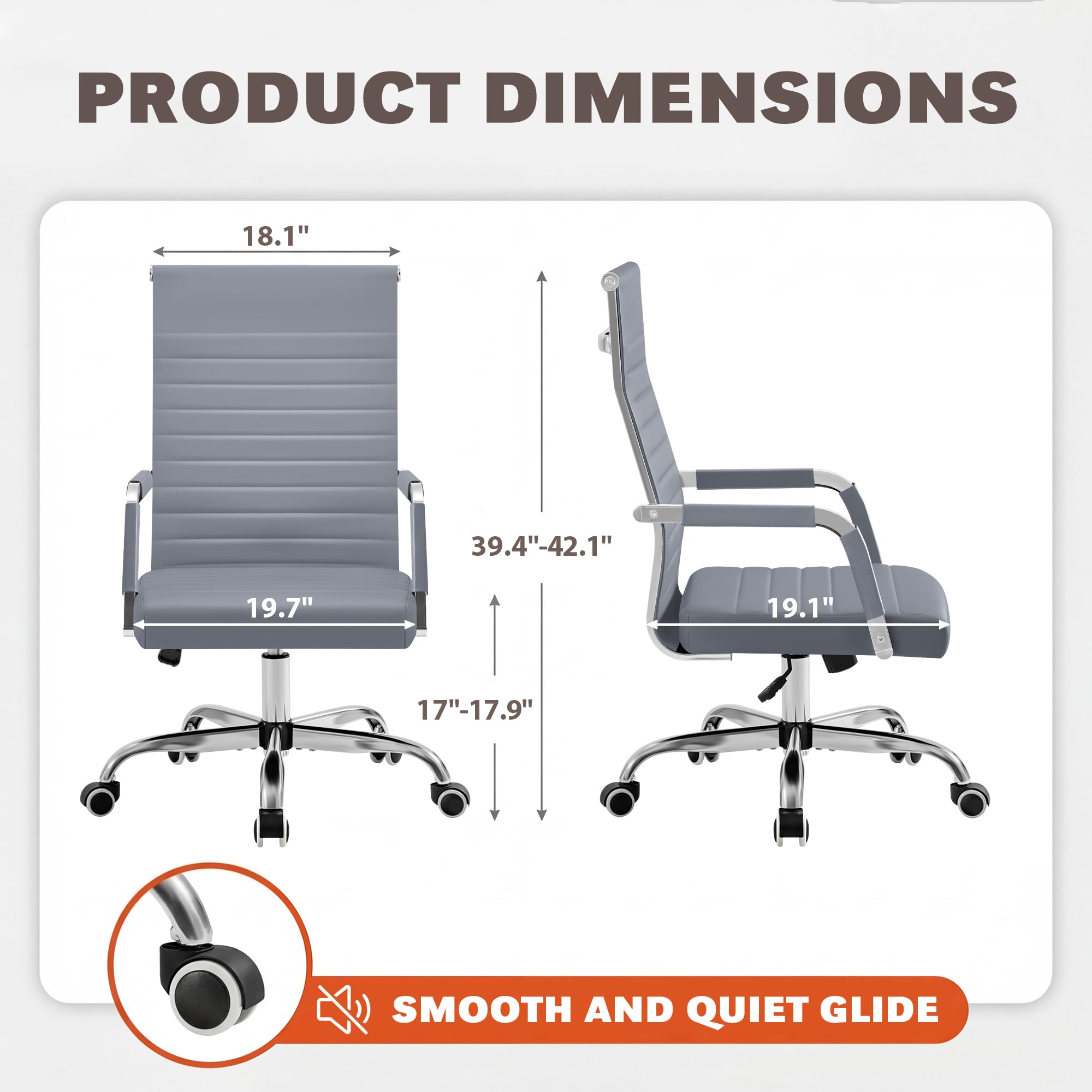 Ergonomic Office Desk Chair, Executive Ribbed Mid-Back PU Leather Conference Room Chair Adjustable Swivel Chair with Arms (1, Grey)