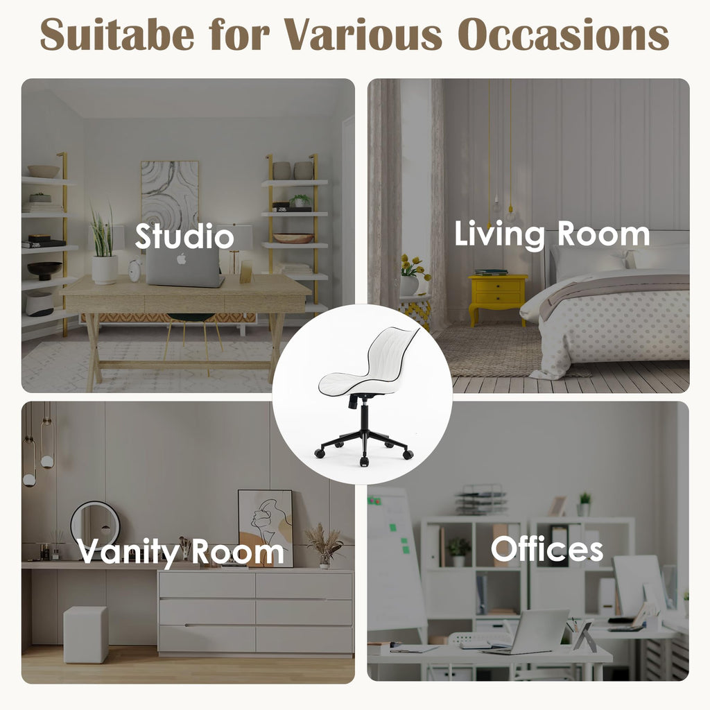 Armless Desk Chair Comfy Office Chair with Wheels Home Ergonomic Task Chair Adjustable Computer Chairs Modern Faux Leather Swivel Chair Upholstered Makeup Vanity Chair with Back(White)