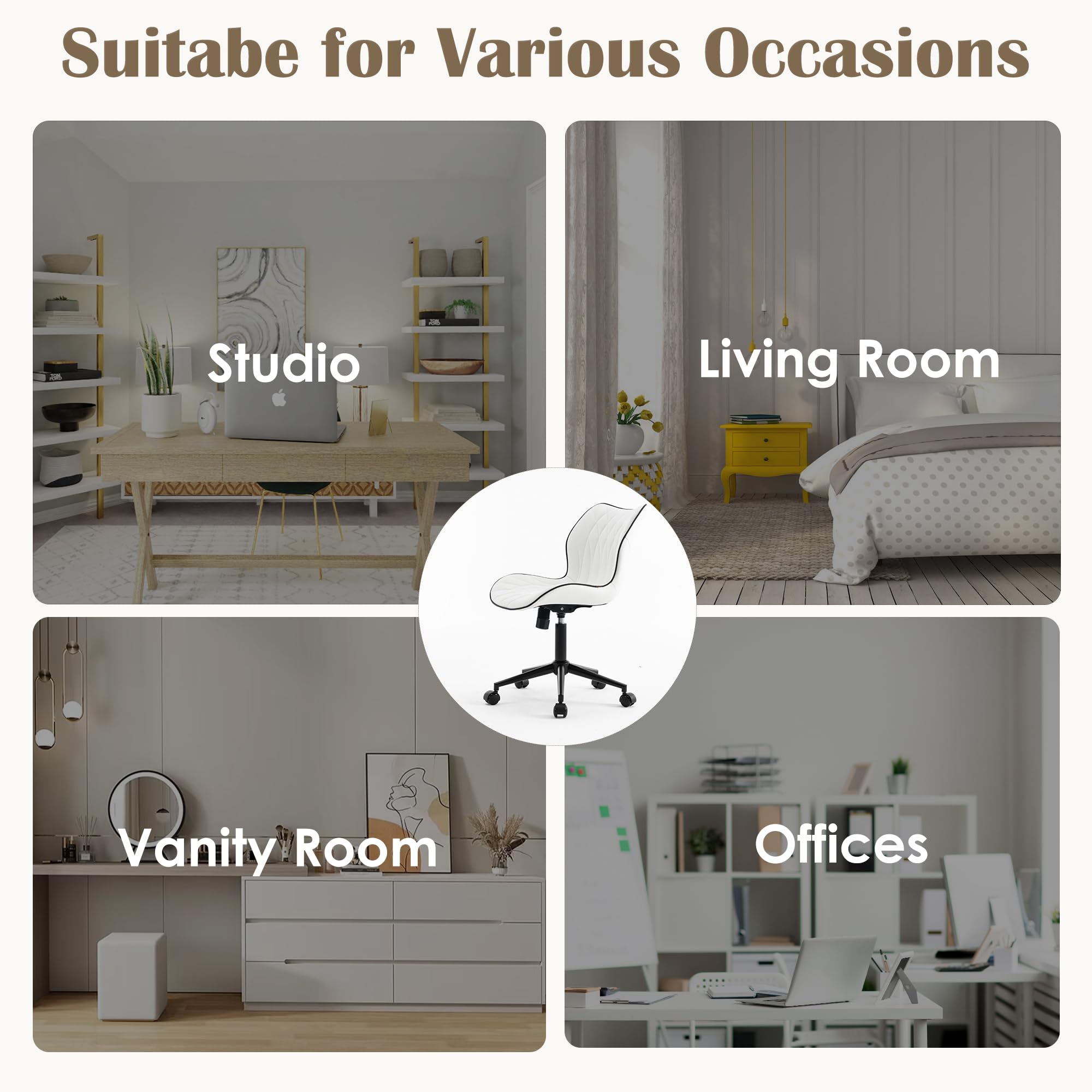 Armless Desk Chair Comfy Office Chair with Wheels Home Ergonomic Task Chair Adjustable Computer Chairs Modern Faux Leather Swivel Chair Upholstered Makeup Vanity Chair with Back(White)