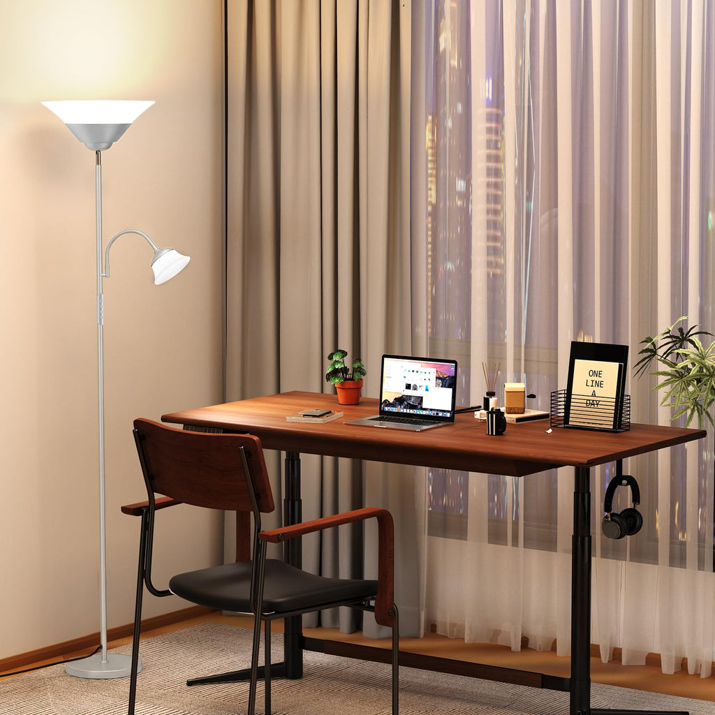 2-in-1 Torchiere Floor Lamp, 34W Super Bright LED Standing Lamp with Remote & Touch Control, 72" Dimmable Adjustable Corner Reading Lamp for Living Room, Bedroom, Office, Silver