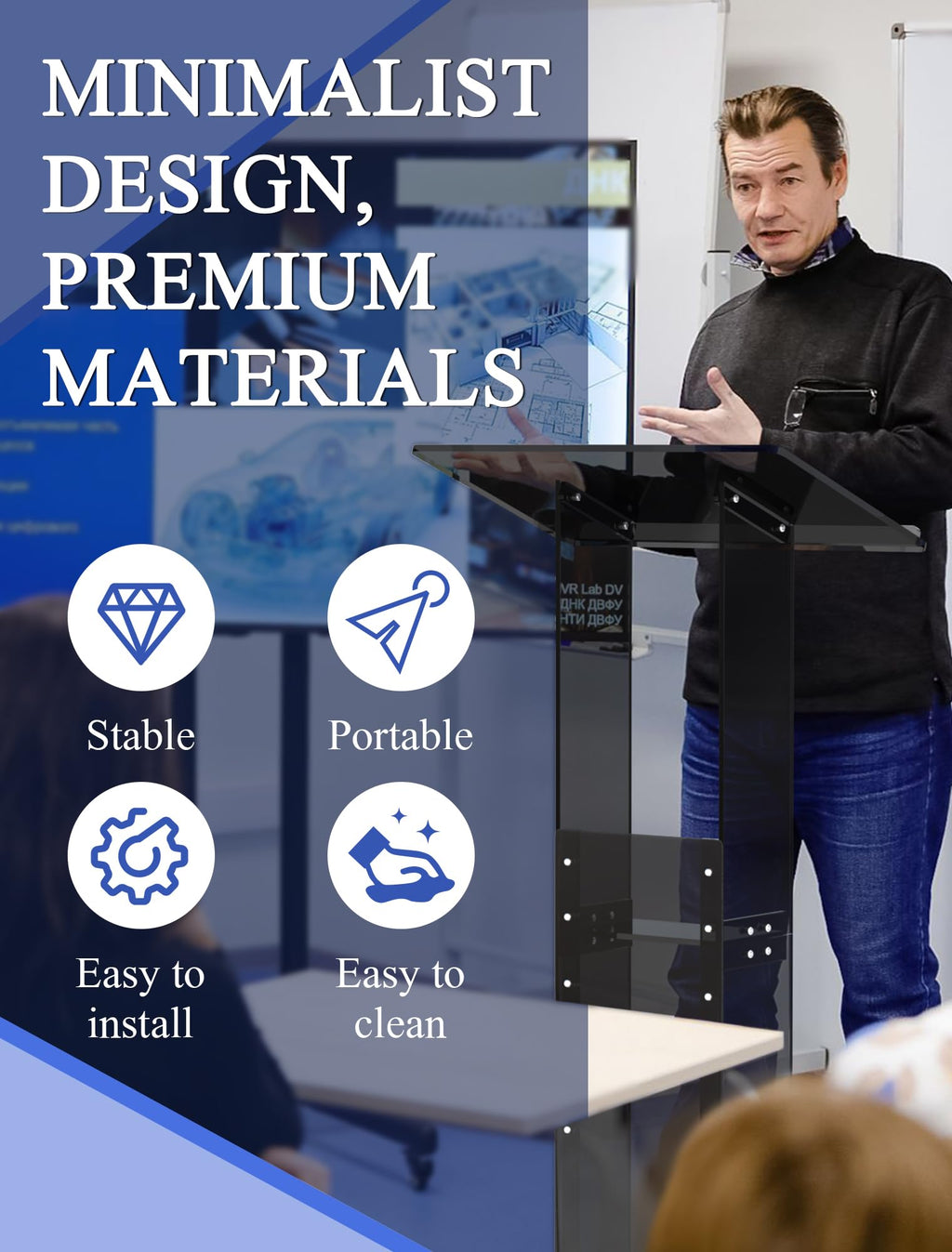 Acrylic Podium Stand with Storage Shelf, 45.5" Modern Black Lectern with Reading Platform for Classroom, Weddings, Conference, Concert, Professional Presentation Podiums