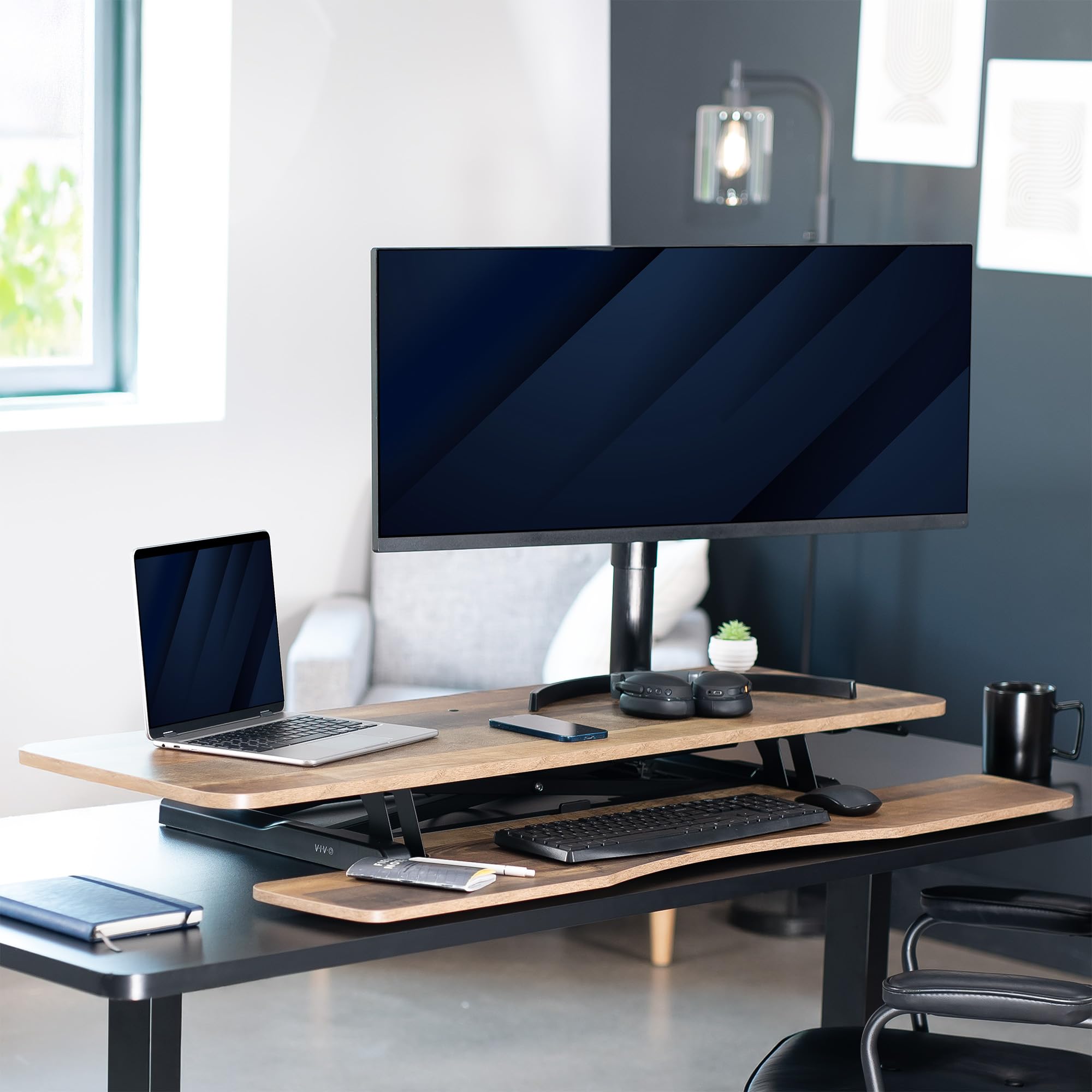 48 inch Desk Converter, K Series, Height Adjustable Sit to Stand Riser, Dual Monitor and Laptop Workstation with Wide Keyboard Tray, Reclaimed Wood Top, Black Frame, DESK-V048KP