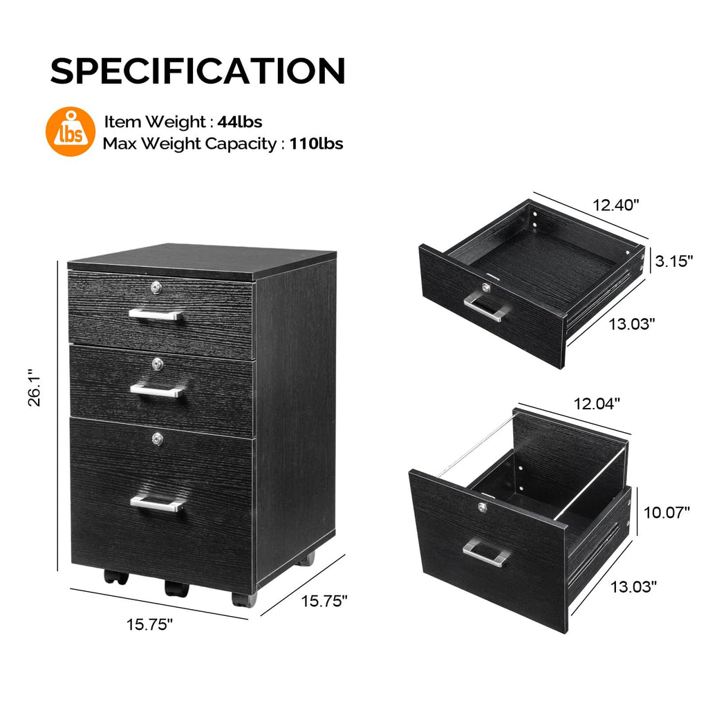 3-Drawer File Cabinet with Lock, Wood Rolling Filing Cabinets for Home Office, Mobile Printer Stand, Under Desk File Organizer for Letter Sized Files, 26" H(Caster Included), Black