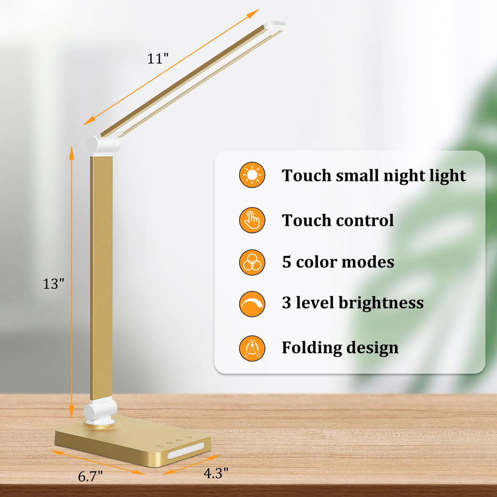 LED Desk Lamp with USB Ports,Touch Desk Lamps for Home Office with 5 Color Modes,3 Brightness Desk Light with Small Night Light,Reading Lamp Table Lamp for Bedroom Bedside Study Gold （with adapter）