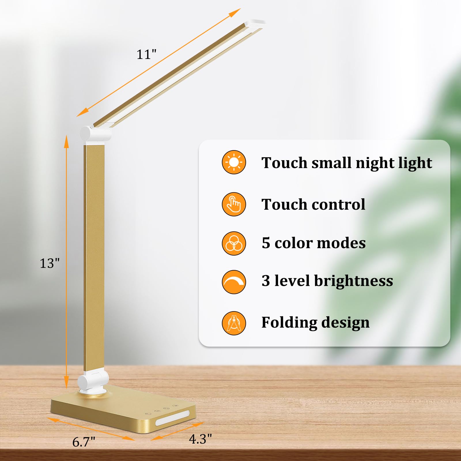 LED Desk Lamp with USB Ports,Touch Desk Lamps for Home Office with 5 Color Modes,3 Brightness Desk Light with Small Night Light,Reading Lamp Table Lamp for Bedroom Bedside Study Gold （with adapter）