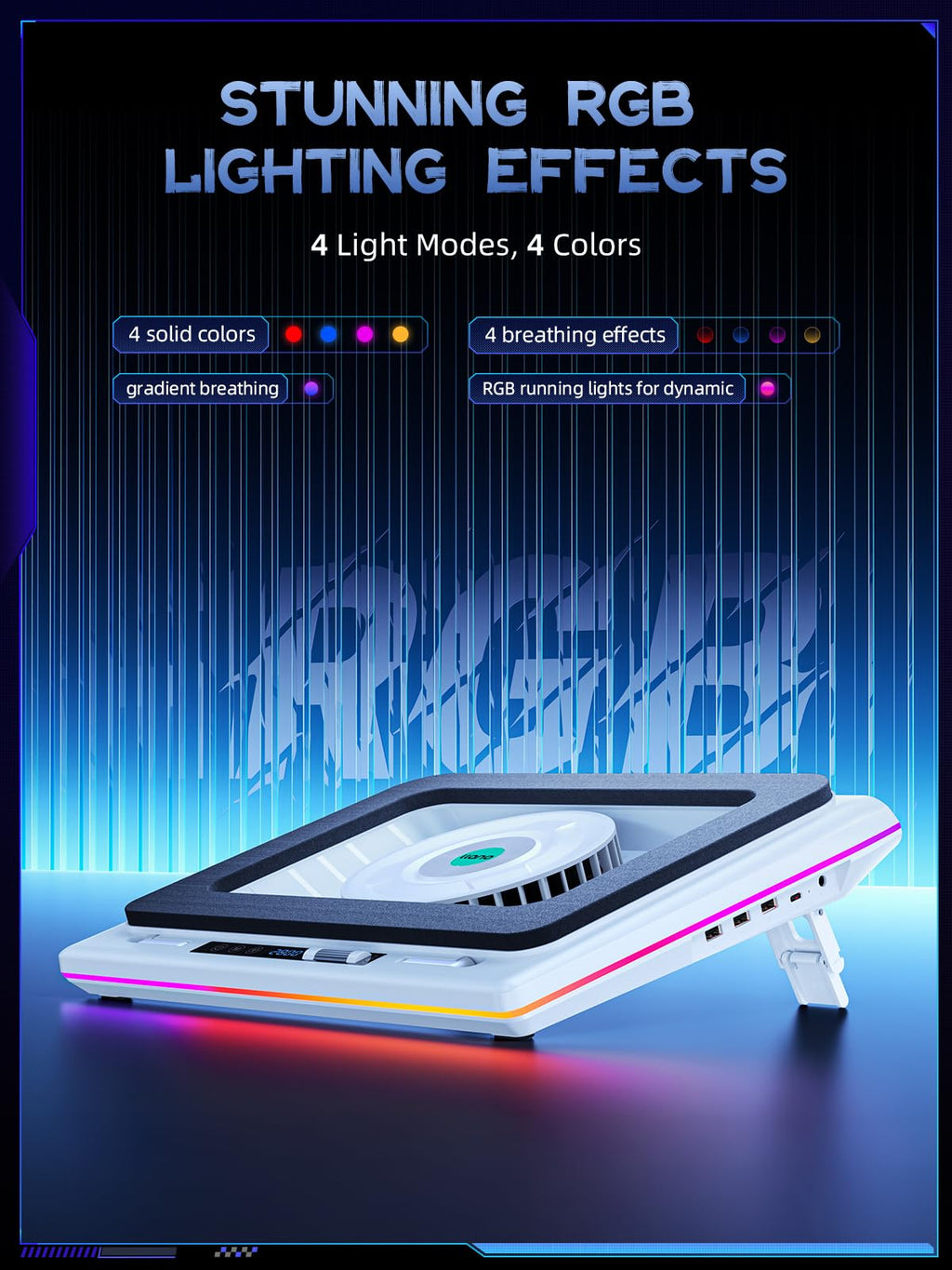 RGB Laptop Cooling Pad, White, Powerful Turbofan, Quiet Cooling, Touch Control, LCD Screen, Seal Foam, 15-19in Laptops