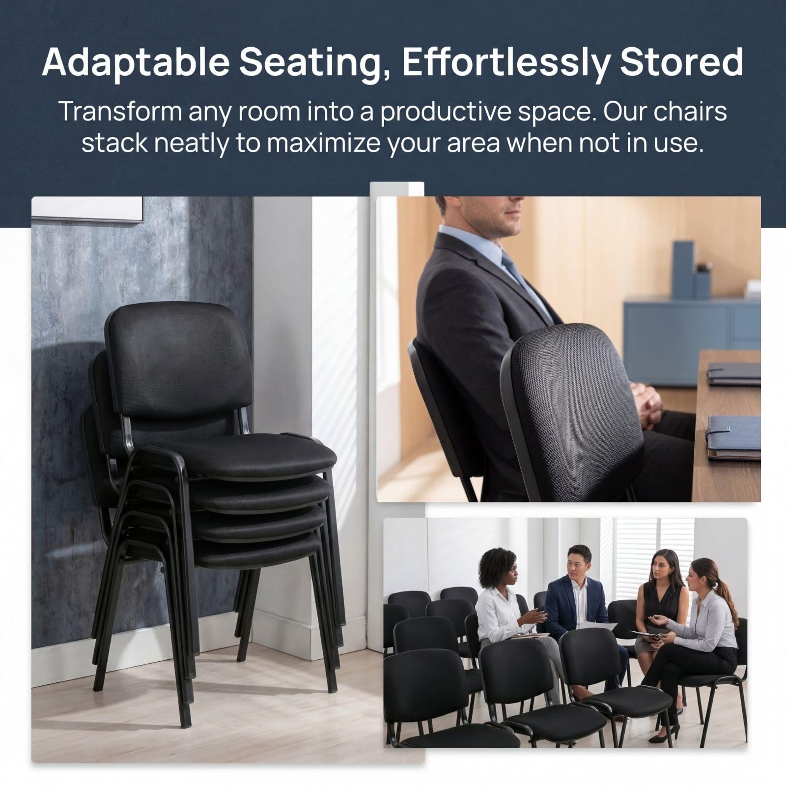 Set of 20, Black Mesh Fabric, Stackable Mesh Office Chairs, Reception Waiting Room Chairs with Padded Seat & Back, Armless No Wheels Conference Chairs for Office,Training, Meeting, Event