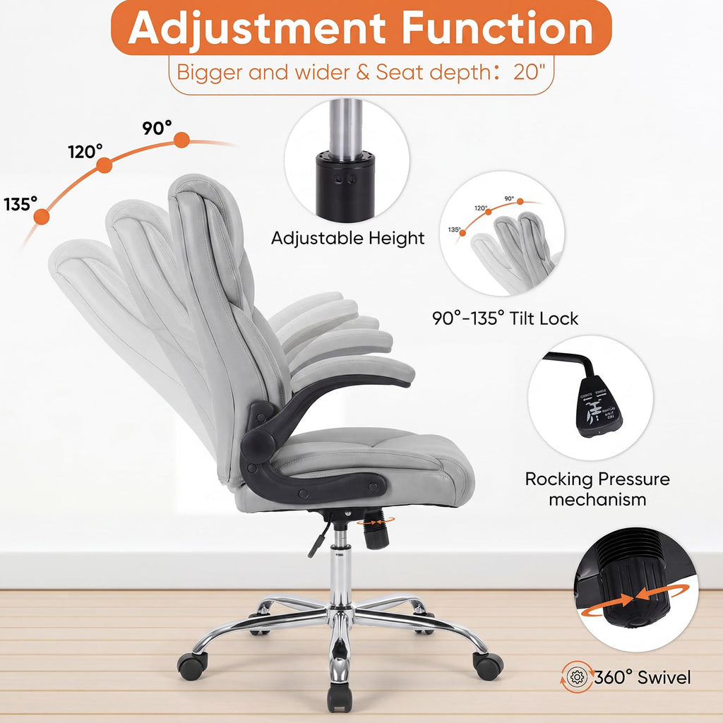 Office Computer Gaming Chair, Ergonomic High Back Heavy Duty Task Desk Chairs with Wheels, Flip-up Arms, Adjustable Height, PU Leather, Grey
