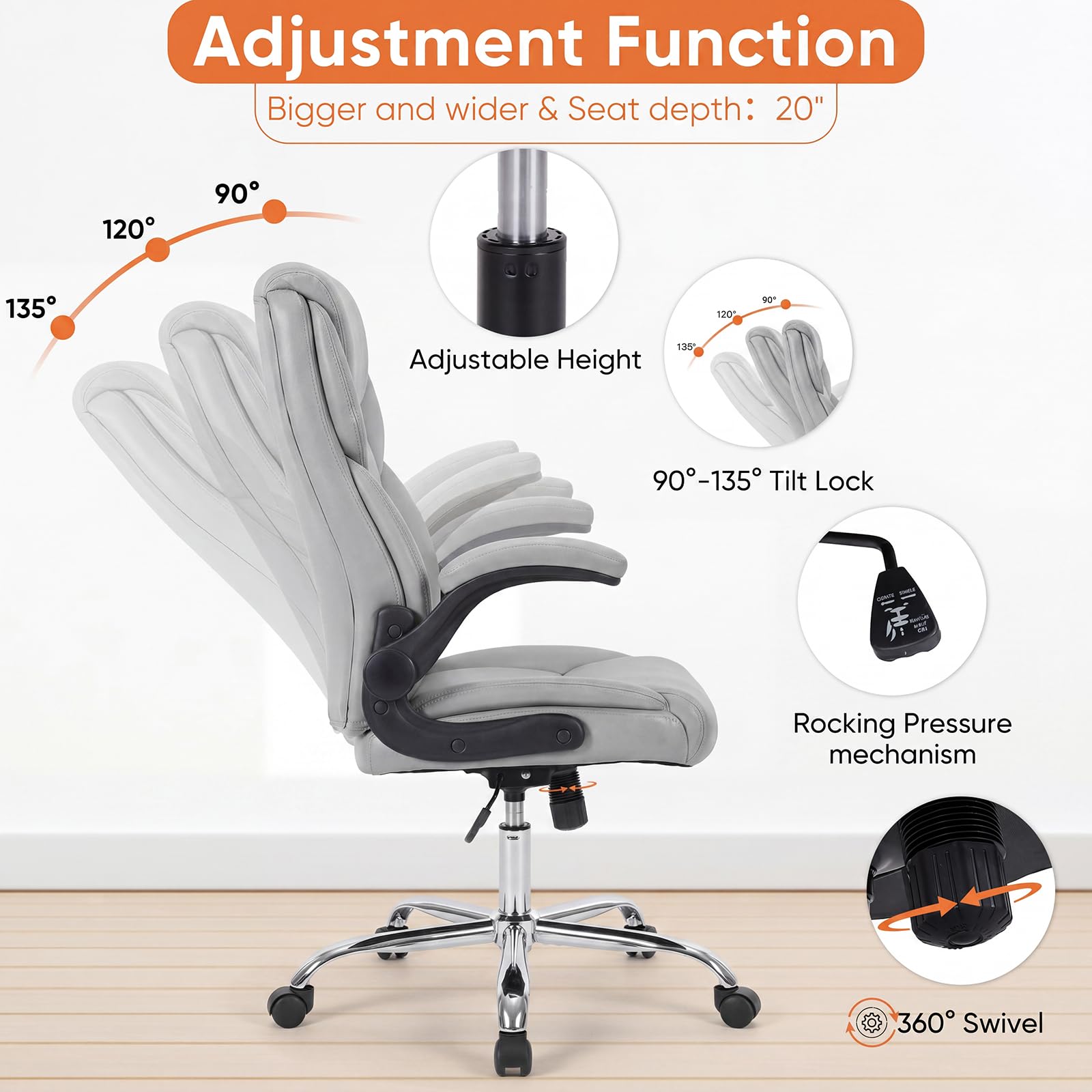 Office Computer Gaming Chair, Ergonomic High Back Heavy Duty Task Desk Chairs with Wheels, Flip-up Arms, Adjustable Height, PU Leather, Grey
