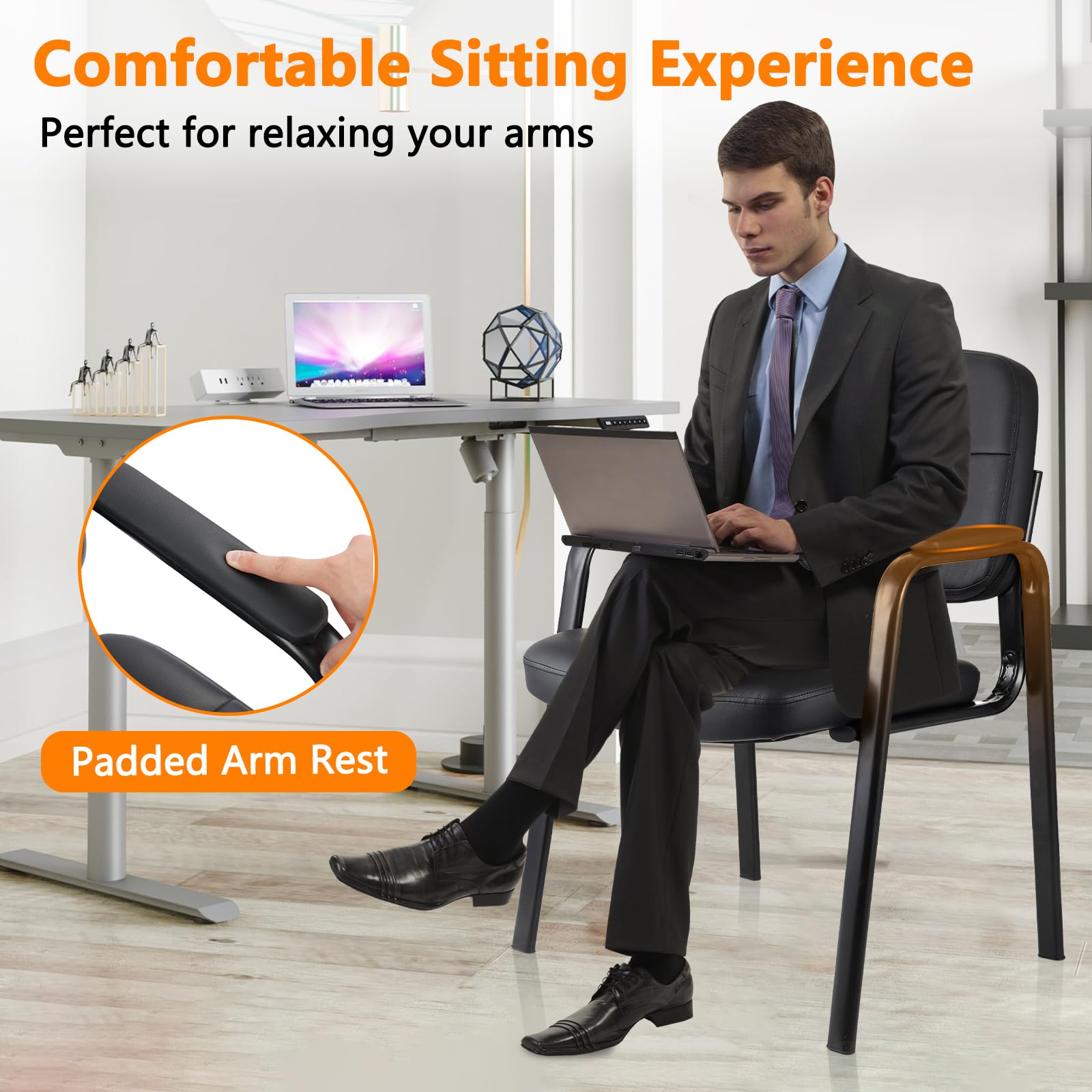 Waiting Room Guest Chair with Bonded Leather Padded Arm Rest for Office Reception and Conference Desk Black