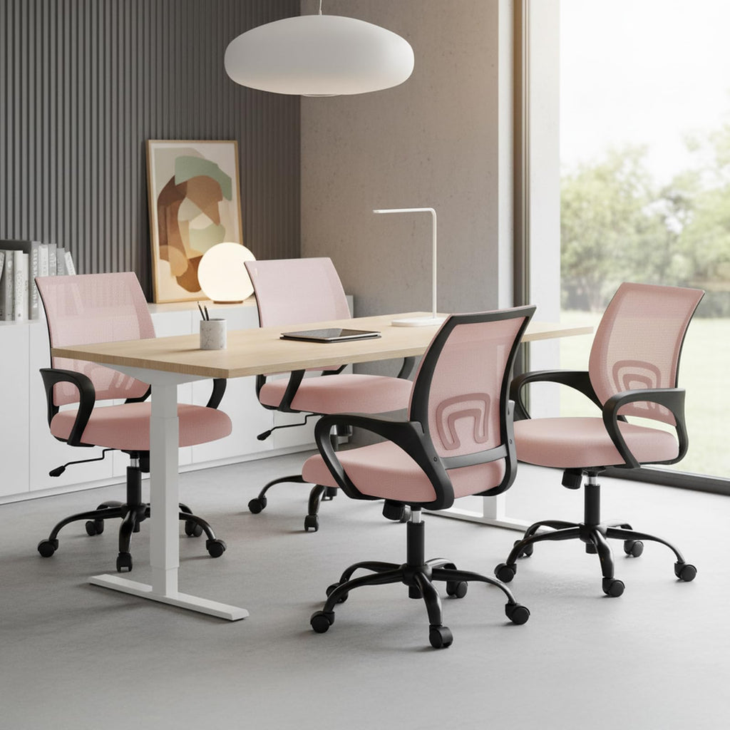 2 Pack, Office Desk Chair - Ergonomic Mid Back with Lumbar Support & Rocking Mode, Height Adjustable with Fixed Armrest, for Home, Computer, Gaming, Conference, Meeting Room, 360° Swivel, Pink