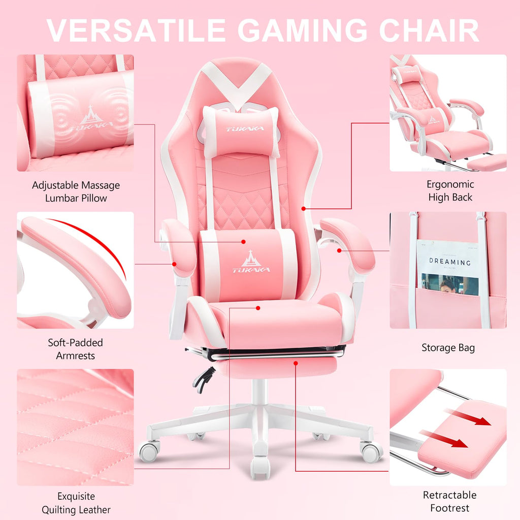 Pink Gaming Chair,Ergonomic Massage Computer Office Desk Chai r with Footrest,Pocket Spring Cushion,Reclining Leather Adjustable Gamer Chair with Headrest and Lumbar Support,Pink