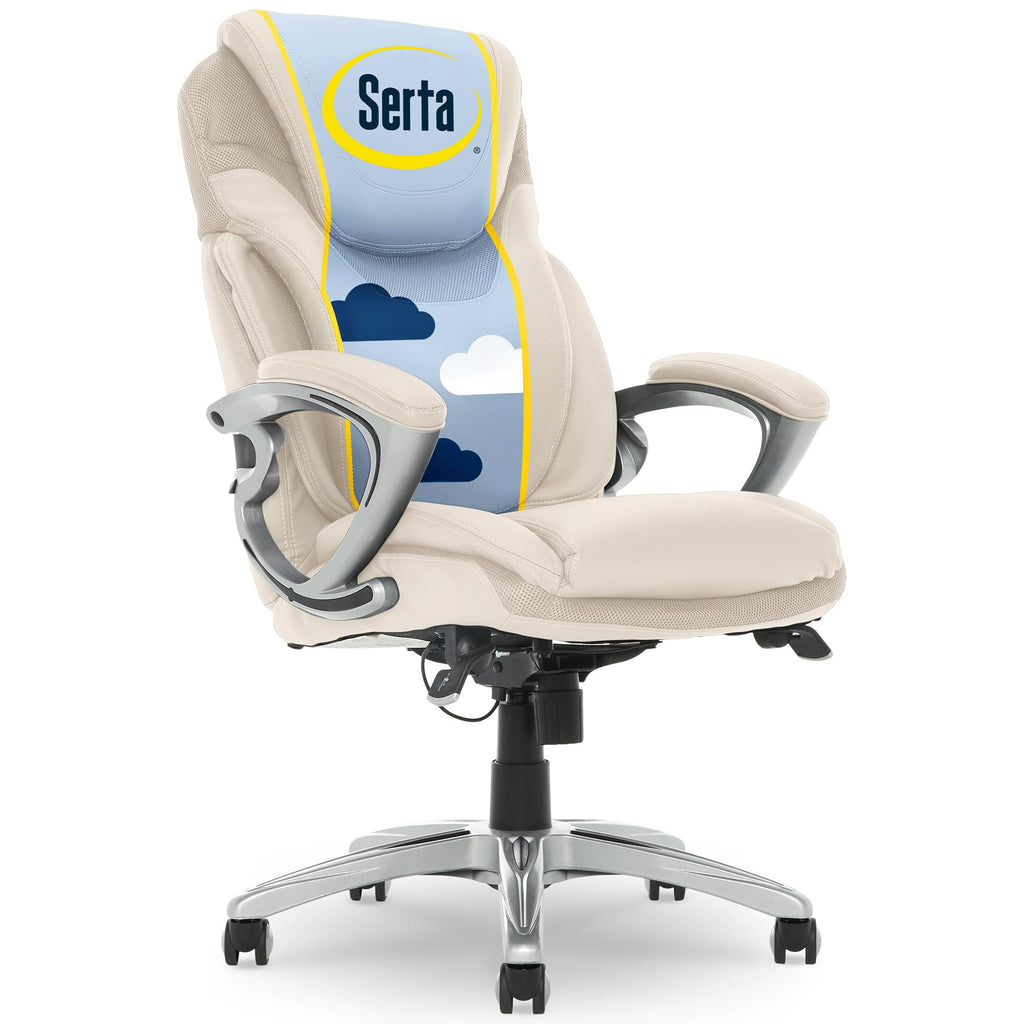 Executive Office Chair - Ergonomic Computer DeskChair with Lumbar Technology - Adjustable Height - Memory Foam Body Pillows - 360° Swivel Rolling Base - Bonded Leather - Cream